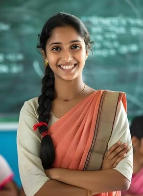 ai-generated-portrait-of-a-smiling-indian-female-teacher-standing-with-arms-crossed-in-classroom-photo